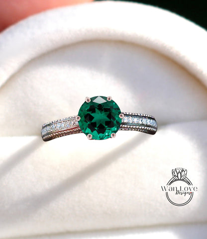 Anello di fidanzamento con fiore Milgrain in filigrana con smeraldo e diamante rotondo personalizzato-14k 18k bianco rosa oro giallo, platino, matrimonio, anniversario