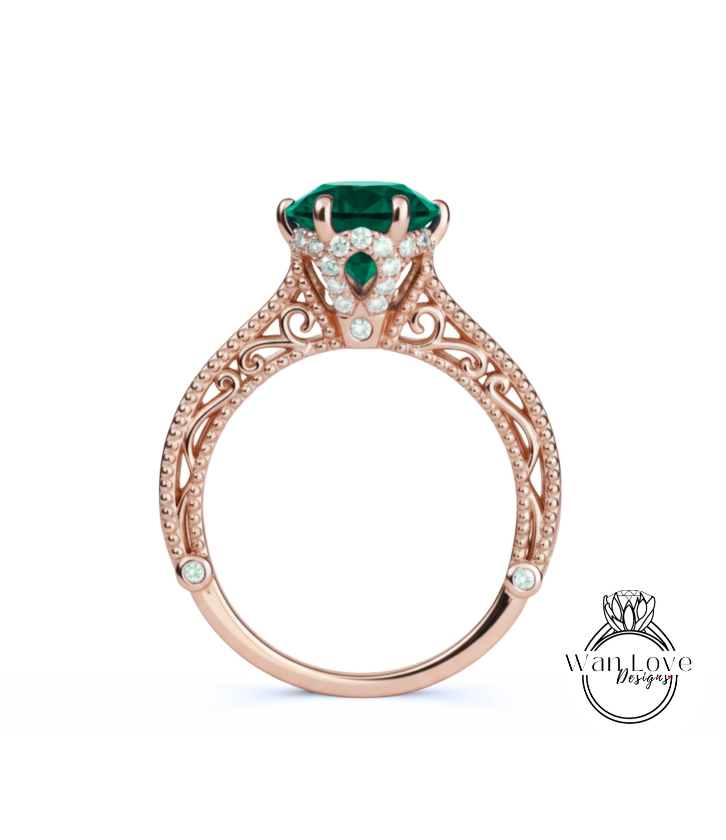 Emerald & Diamonds Round Beaded Milgrain Engagement Ring unique vintage filigree Rose Gold Anniversary Gift antique wedding bridal ring