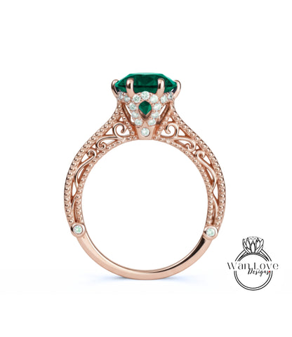 Emerald & Diamonds Round Beaded Milgrain Engagement Ring unique vintage filigree Rose Gold Anniversary Gift antique wedding bridal ring