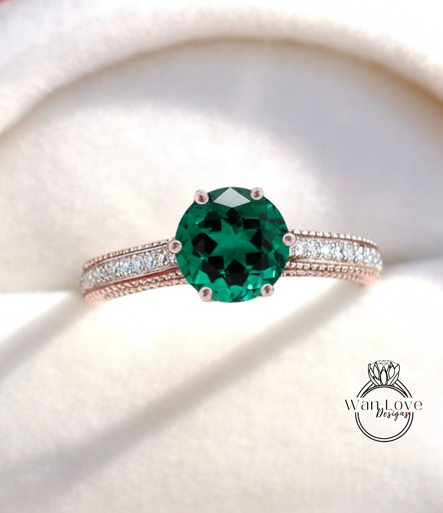 Emerald & Diamonds Round Beaded Milgrain Engagement Ring unique vintage filigree Rose Gold Anniversary Gift antique wedding bridal ring