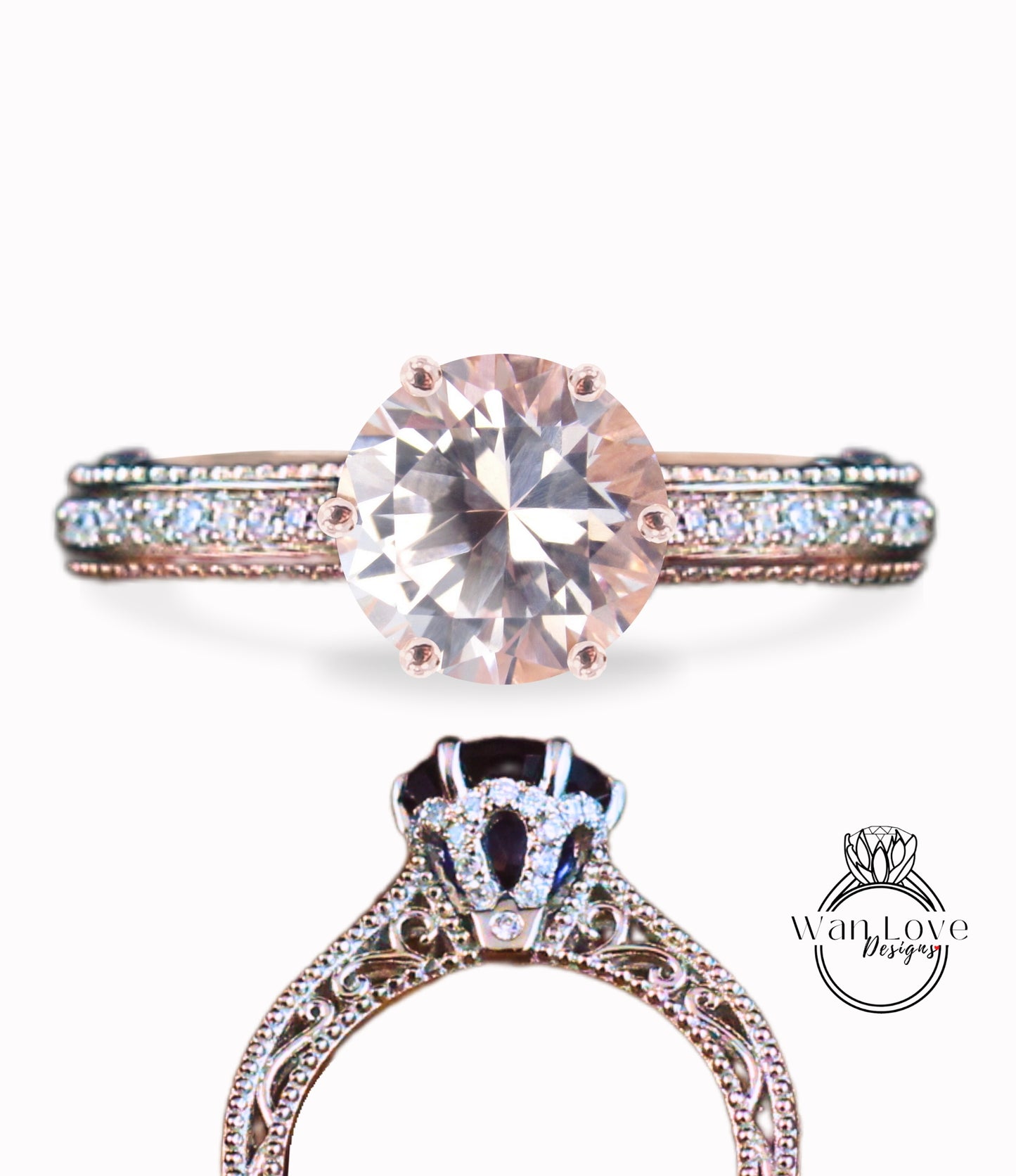 Anello di fidanzamento con perline floreali in filigrana Milgrain con zaffiro rosa chiaro e diamanti, rotondo, personalizzato, in oro 18kt, platino, matrimonio 14kt