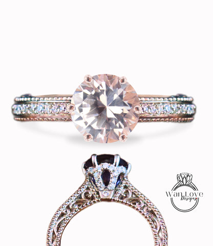 Anello di fidanzamento con perline floreali in filigrana Milgrain con zaffiro rosa chiaro e diamanti, rotondo, personalizzato, in oro 18kt, platino, matrimonio 14kt