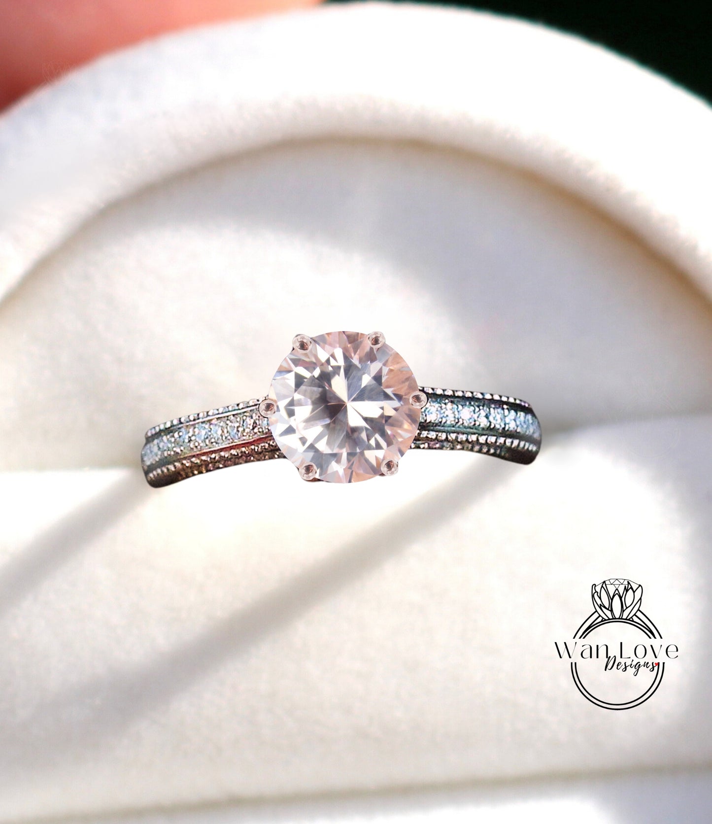 Anello di fidanzamento con perline floreali in filigrana Milgrain con zaffiro rosa chiaro e diamanti, rotondo, personalizzato, in oro 18kt, platino, matrimonio 14kt