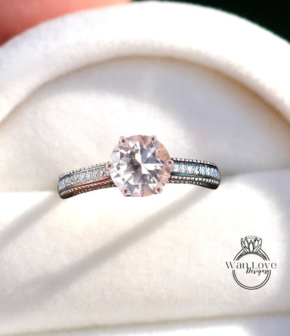 Anello di fidanzamento con perline floreali in filigrana Milgrain con zaffiro rosa chiaro e diamanti, rotondo, personalizzato, in oro 18kt, platino, matrimonio 14kt