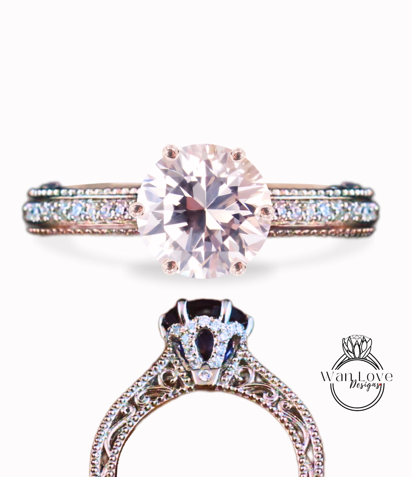 Light Pink Sapphire & Diamonds Round Beaded Milgrain Engagement Ring unique vintage filigree Rose Gold Anniversary Gift antique wedding bridal ring