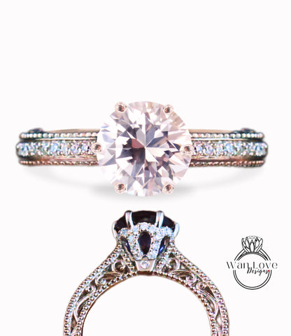 Light Pink Sapphire & Diamonds Round Beaded Milgrain Engagement Ring unique vintage filigree Rose Gold Anniversary Gift antique wedding bridal ring