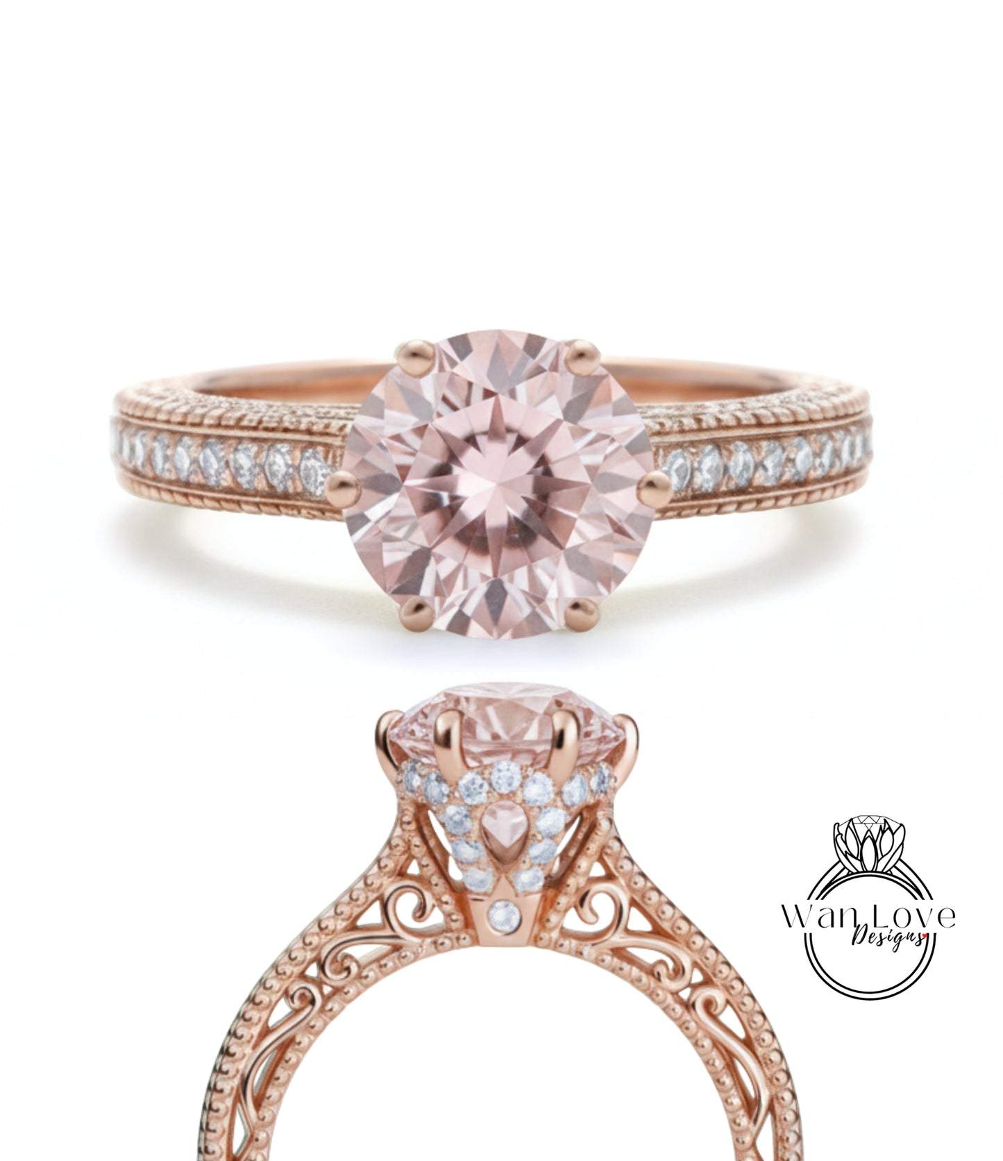 Anello di fidanzamento con perline floreali in filigrana Milgrain con zaffiro rosa chiaro e diamanti, rotondo, personalizzato, in oro 18kt, platino, matrimonio 14kt