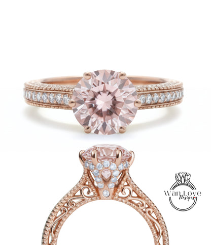 Anello di fidanzamento con perline floreali in filigrana Milgrain con zaffiro rosa chiaro e diamanti, rotondo, personalizzato, in oro 18kt, platino, matrimonio 14kt