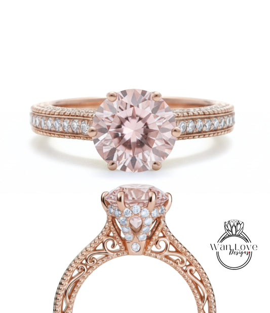 Anello di fidanzamento con perline floreali in filigrana Milgrain con zaffiro rosa chiaro e diamanti, rotondo, personalizzato, in oro 18kt, platino, matrimonio 14kt