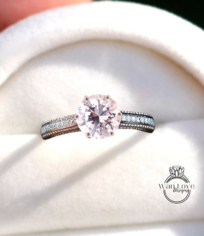 Light Pink Sapphire & Diamonds Round Beaded Milgrain Engagement Ring unique vintage filigree Rose Gold Anniversary Gift antique wedding bridal ring