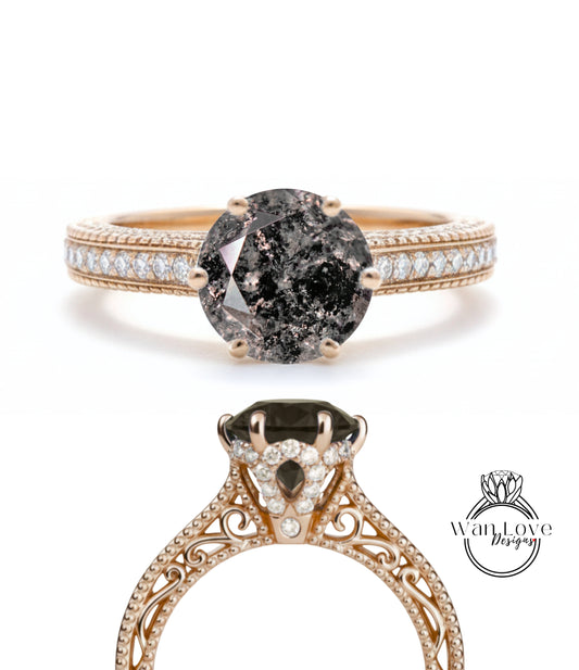 Salt & Pepper Diamond Round Beaded Milgrain Engagement Ring unique vintage filigree Rose Gold Anniversary Gift antique wedding bridal ring