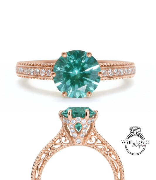 Anello di fidanzamento rotondo con spinello verde acqua e diamanti, Halo laterale, quasi eternità, con gambo sottile, matrimonio personalizzato, regalo di anniversario in platino, oro 14kt 18kt