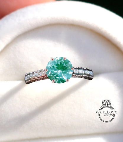 Anello di fidanzamento rotondo con spinello verde acqua e diamanti, Halo laterale, quasi eternità, con gambo sottile, matrimonio personalizzato, regalo di anniversario in platino, oro 14kt 18kt