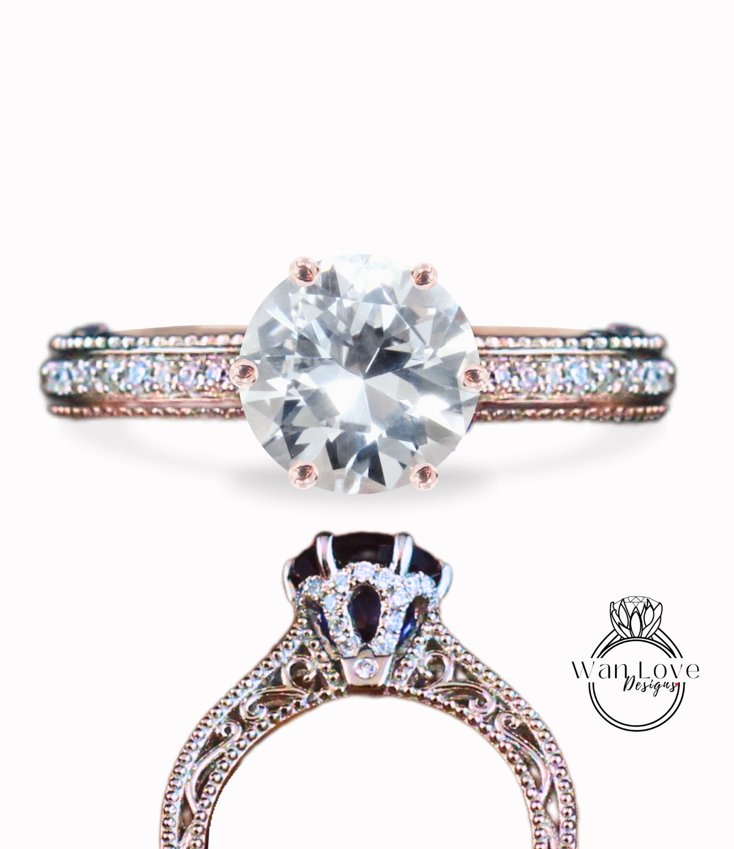 Anello di fidanzamento fiore Milgrain in filigrana con zaffiro bianco e diamante rotondo personalizzato-14k 18k rosa bianca oro giallo, platino, matrimonio, anniversario