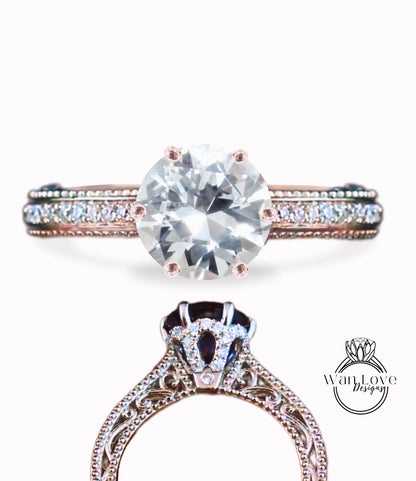 Anello di fidanzamento fiore Milgrain in filigrana con zaffiro bianco e diamante rotondo personalizzato-14k 18k rosa bianca oro giallo, platino, matrimonio, anniversario