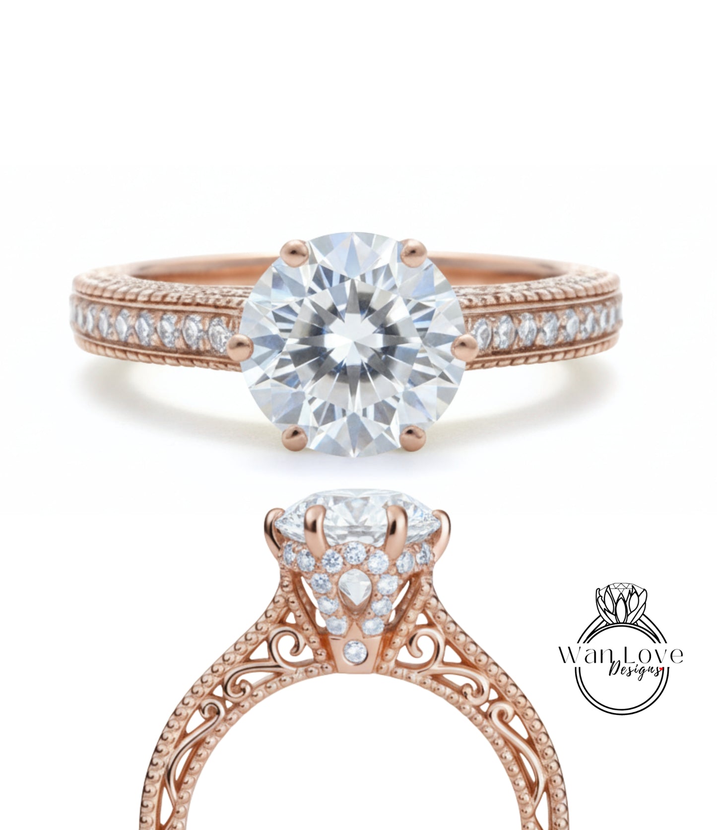 Anello di fidanzamento fiore Milgrain in filigrana con zaffiro bianco e diamante rotondo personalizzato-14k 18k rosa bianca oro giallo, platino, matrimonio, anniversario