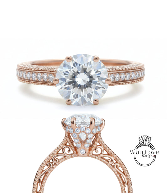 White Sapphire & Diamonds Round Beaded Milgrain Engagement Ring unique vintage filigree Rose Gold Anniversary Gift antique wedding bridal ring