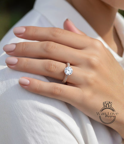 Anello di fidanzamento fiore Milgrain in filigrana con zaffiro bianco e diamante rotondo personalizzato-14k 18k rosa bianca oro giallo, platino, matrimonio, anniversario