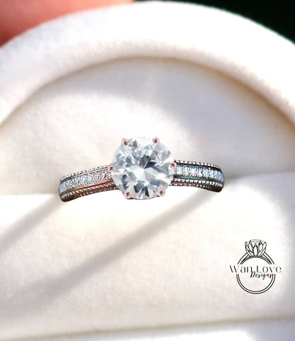 Anello di fidanzamento fiore Milgrain in filigrana con zaffiro bianco e diamante rotondo personalizzato-14k 18k rosa bianca oro giallo, platino, matrimonio, anniversario