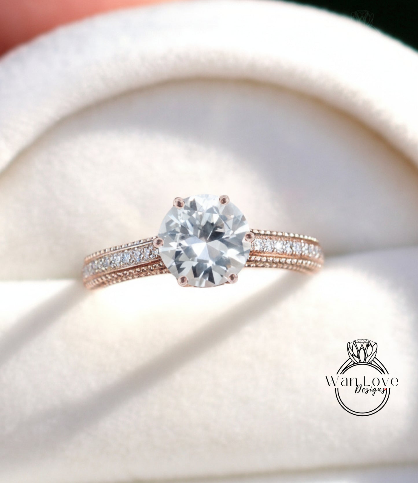 Anello di fidanzamento fiore Milgrain in filigrana con zaffiro bianco e diamante rotondo personalizzato-14k 18k rosa bianca oro giallo, platino, matrimonio, anniversario