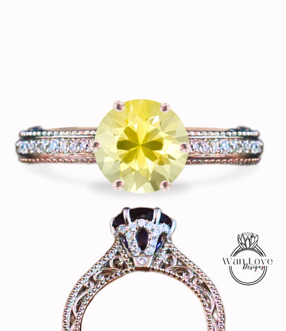 Anello di fidanzamento con perline floreali in filigrana Milgrain con zaffiro rosa chiaro e diamanti, rotondo, personalizzato, in oro 18kt, platino, matrimonio 14kt