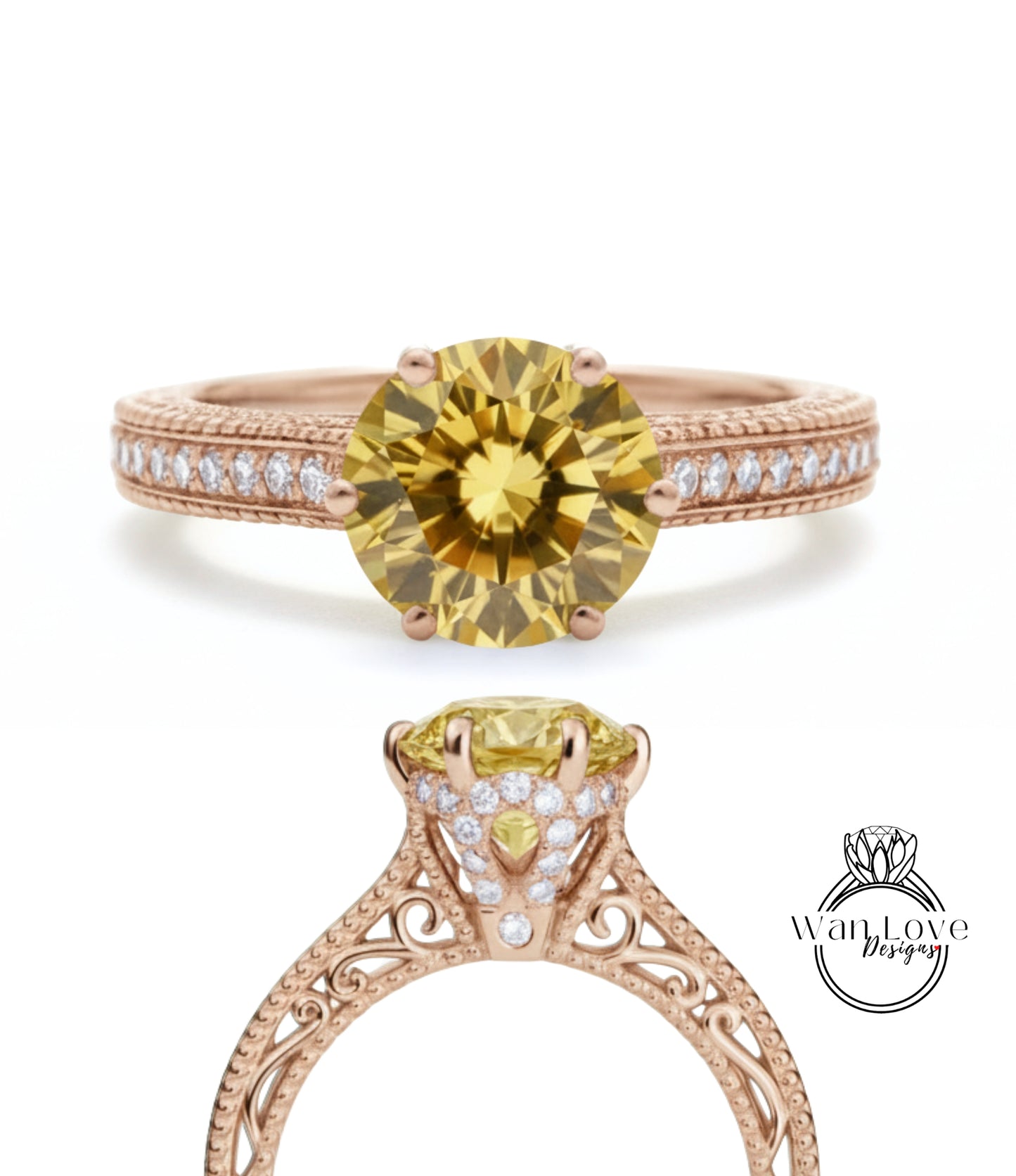 Anello di fidanzamento con perline floreali in filigrana Milgrain con zaffiro rosa chiaro e diamanti, rotondo, personalizzato, in oro 18kt, platino, matrimonio 14kt
