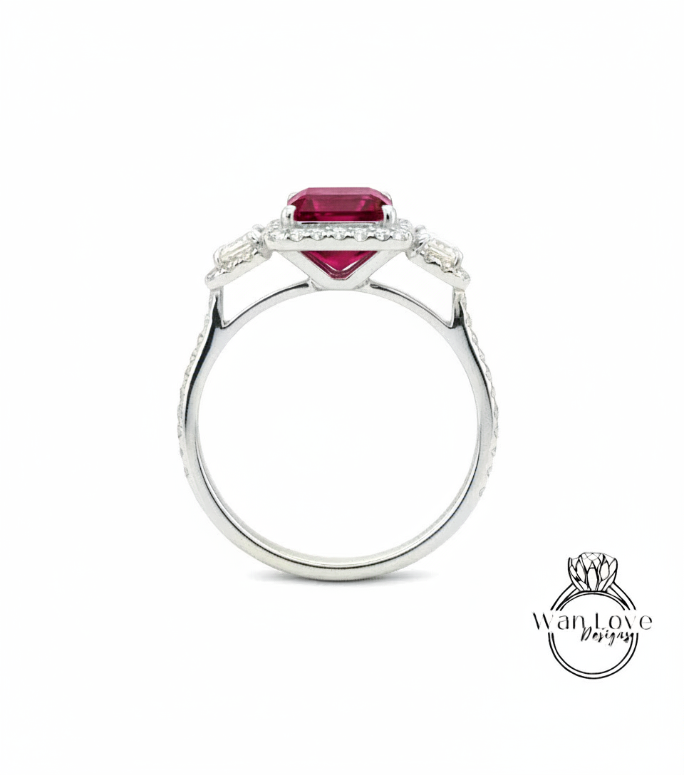 Anello baguette con rubino e diamanti smeraldo, anello di fidanzamento Art Déco, anello con pietra laterale con diamante, anello con diamante con tre pietre Halo