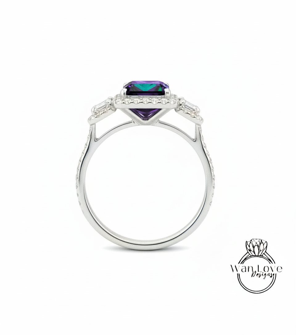Alexandrite & Diamonds Emerald Triple Halo Baguette Ring, Art Deco Engagement Ring, Diamond Side Stone Ring, Three Gem Stone Halo Diamond Ring, Anniversary Gift
