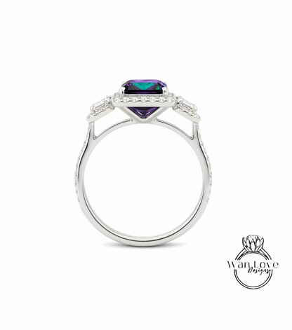 Alexandrite & Diamonds Emerald Triple Halo Baguette Ring, Art Deco Engagement Ring, Diamond Side Stone Ring, Three Gem Stone Halo Diamond Ring, Anniversary Gift