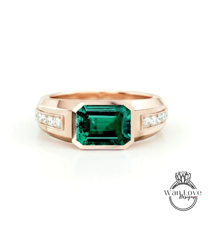 Mans Moissanite Ring | Emerald Moissanite Mens Wedding band | White Sapphire Ring 14k Gold | East West Solitaire Ring | Mens Wedding Ring