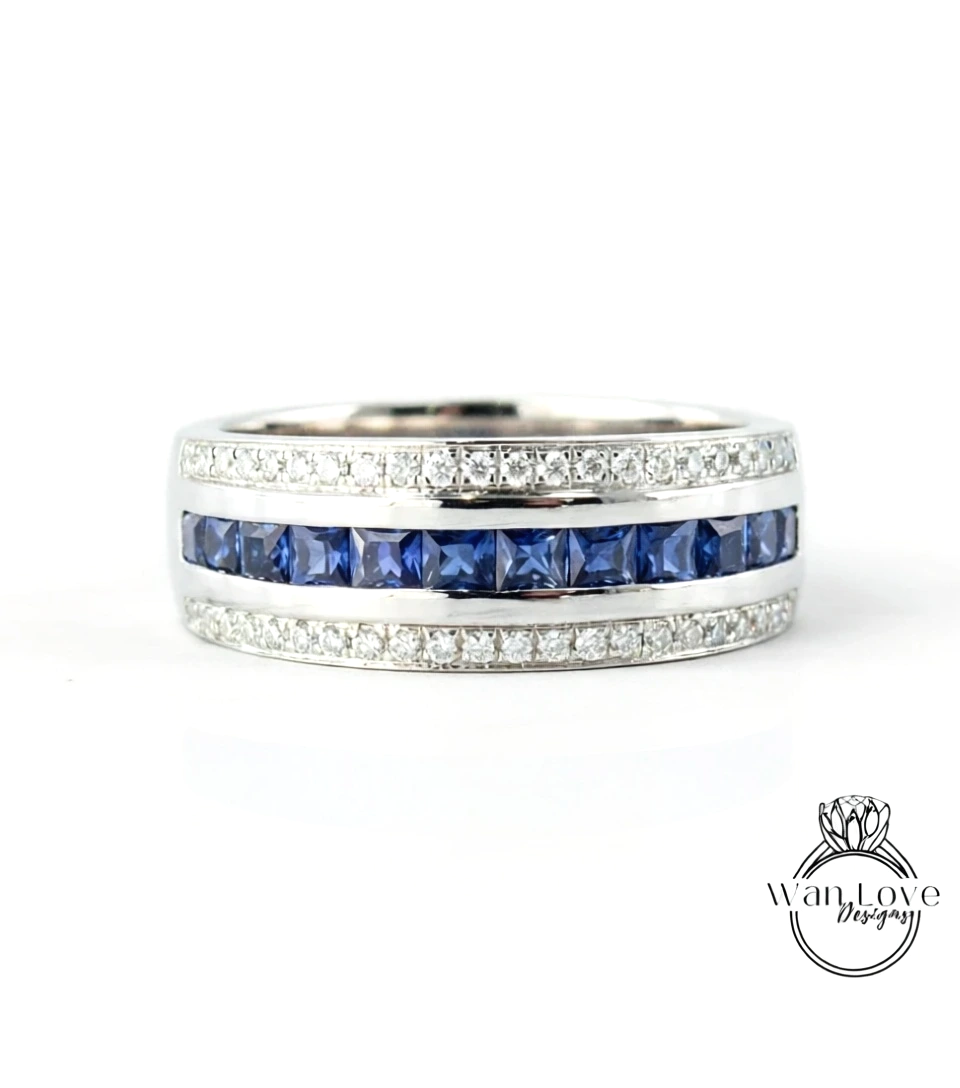 Princess cut Black Spinel and Diamond Men Ring in 14k White Gold | Black Moissanite Ring | Wedding Ring | Gifts For Him | Diamond Mens Rings