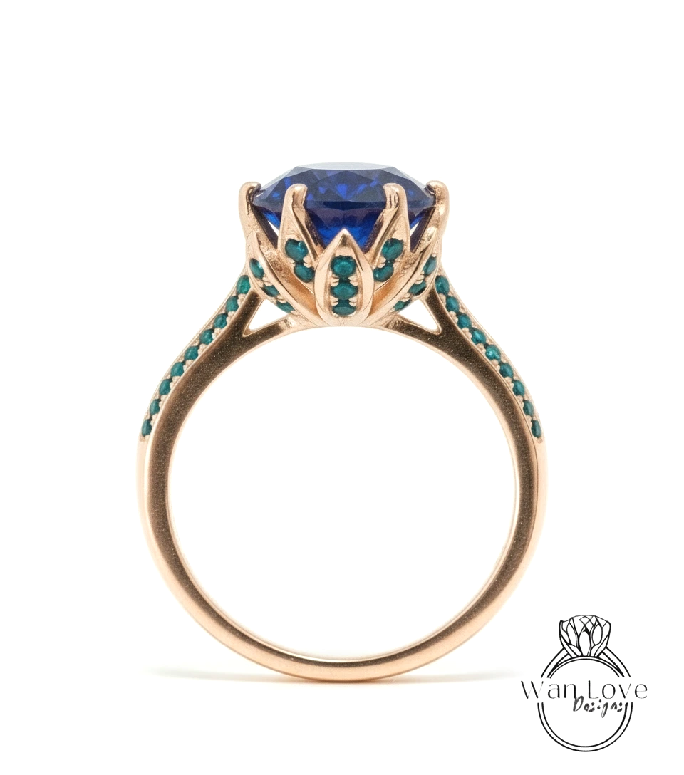 A gold ring with a large blue gemstone at the center, surrounded by small green stones.