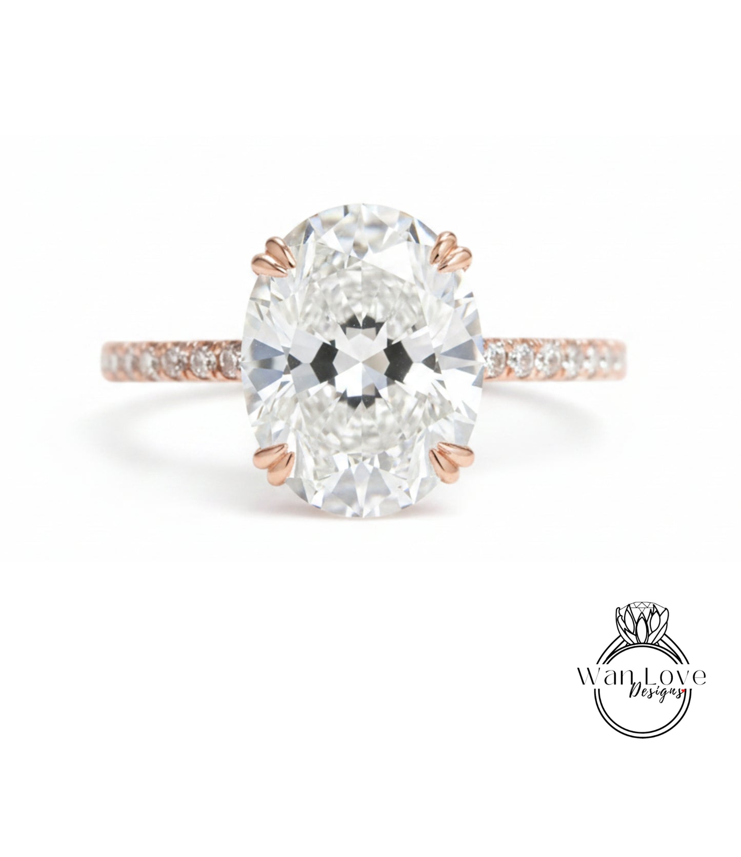 A close-up of a diamond engagement ring with a large oval-shaped diamond set in a rose gold band.