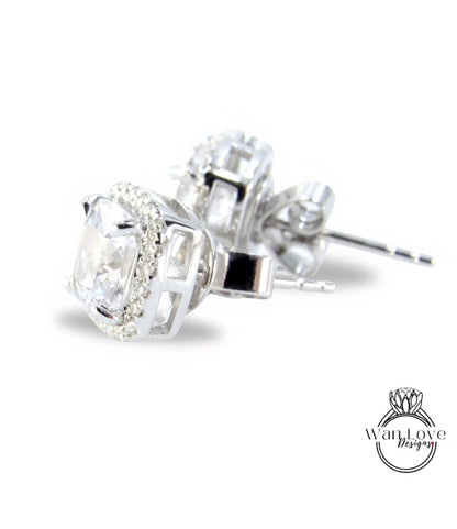 2ct White Sapphire cushion Halo Stud Earrings vintage wedding jewelry white gold art deco earrings wedding anniversary gift-Ready to Ship Wan Love Designs