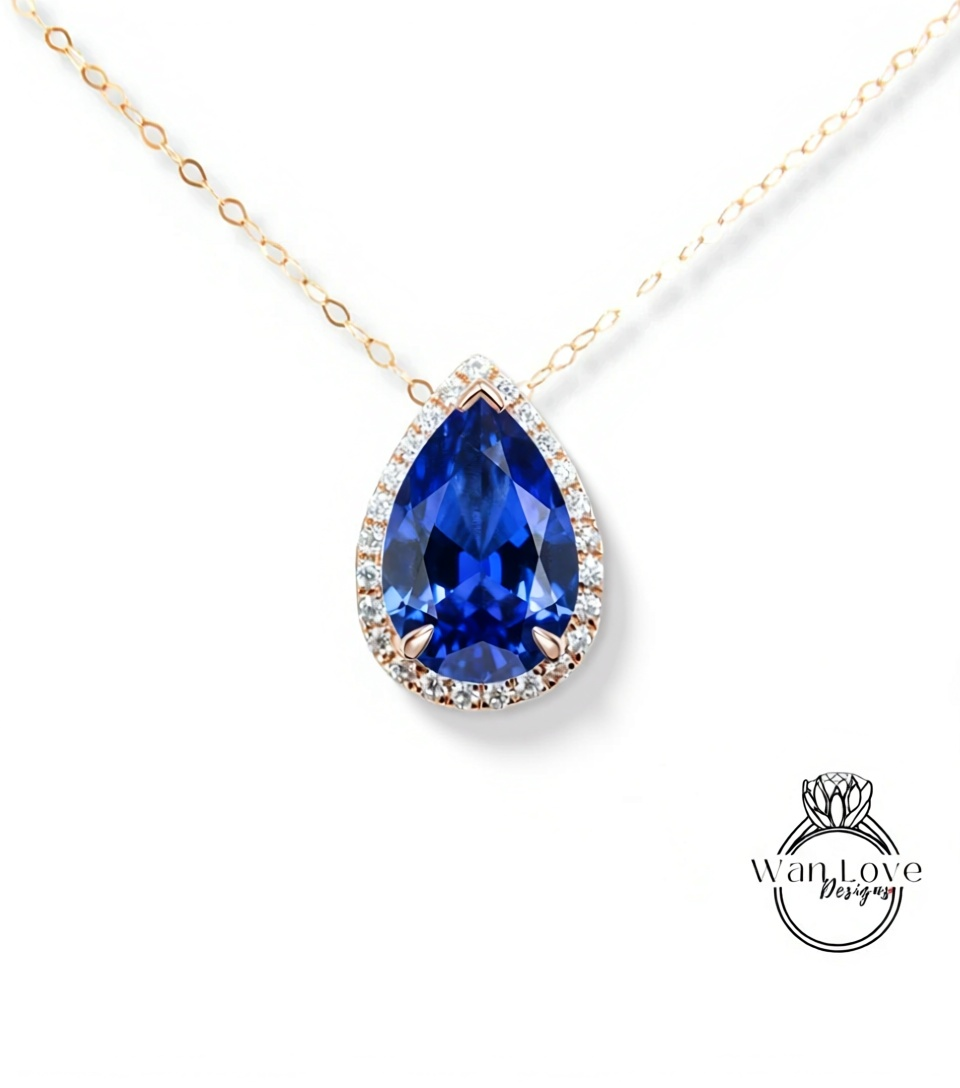 Moissanite & Diamond Halo Pear Pendant Necklace For Women / Pear Shape Halo Diamond Pendant 14k Gold Necklace / Teardrop Shape Diamond Halo Pendant