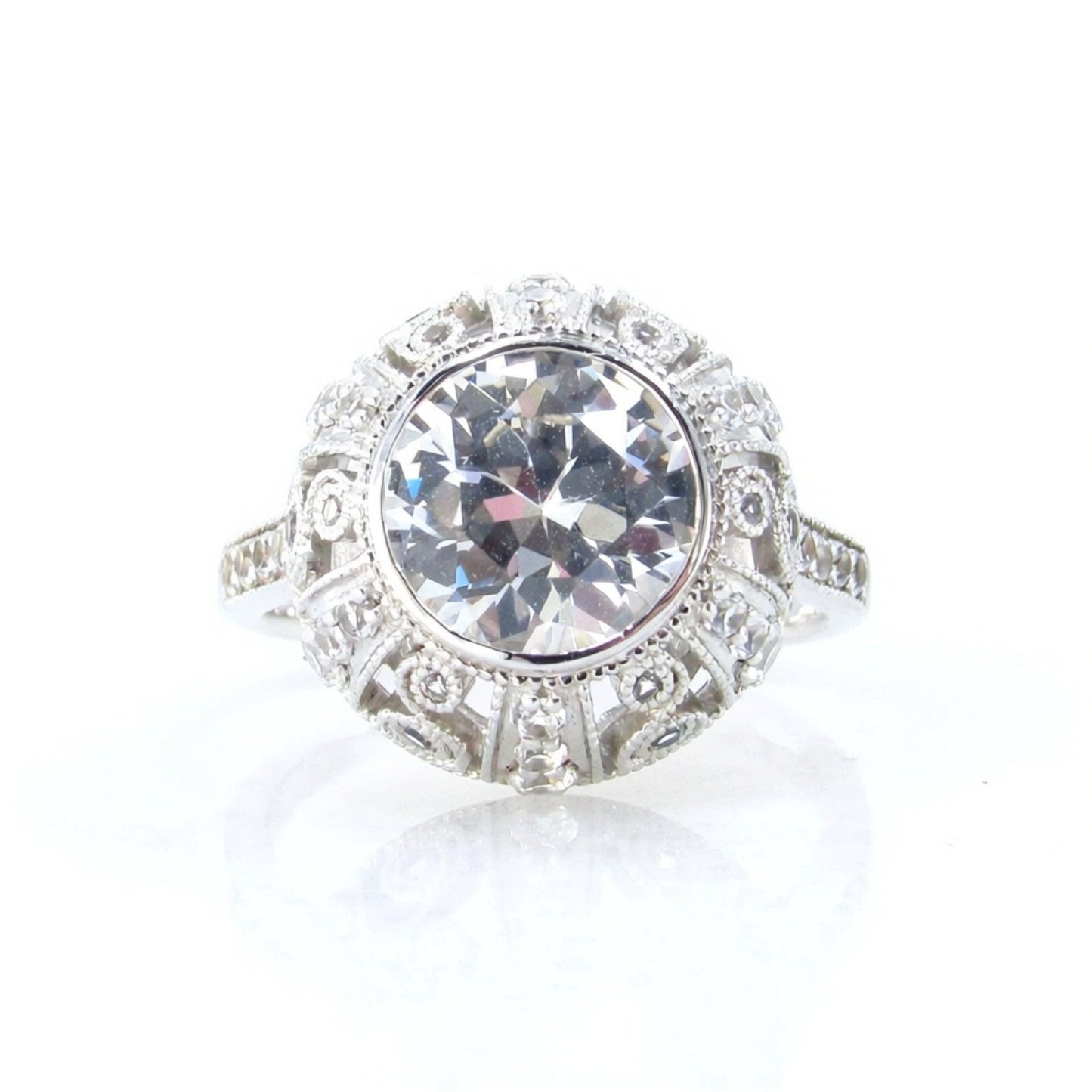 White Sapphire Antique Bezel Filigree Engagement Ring, Milgrain Detail, Scrolls, 2ct, 8mm, Silver Rhodium, Anniversary gift, Ready to ship