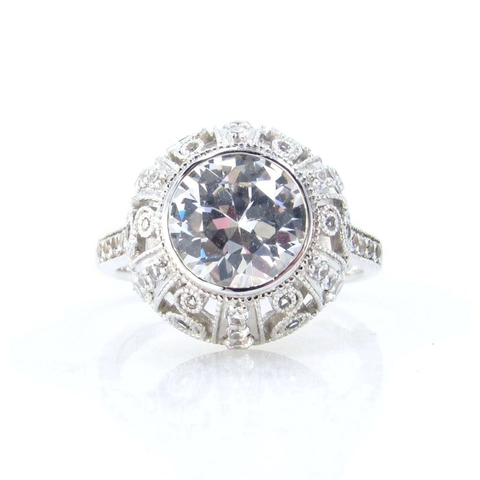 White Sapphire Antique Bezel Filigree Engagement Ring, Milgrain Detail, Scrolls, 2ct, 8mm, Silver Rhodium, Anniversary gift, Ready to ship
