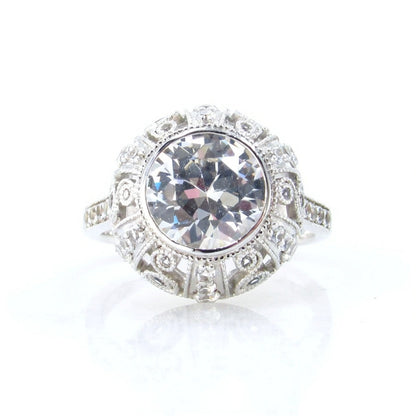 White Sapphire Antique Bezel Filigree Engagement Ring, Milgrain Detail, Scrolls, 2ct, 8mm, Silver Rhodium, Anniversary gift, Ready to ship
