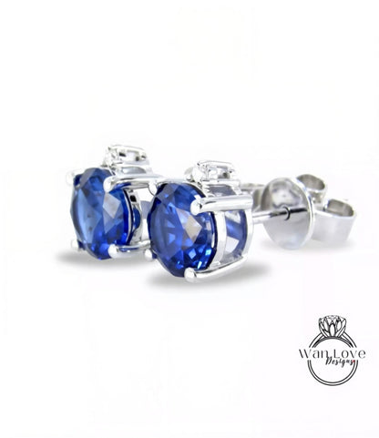 Blue Sapphire & Moissanite Round stud Earring Screw Push Back 4 Prong, 1ct each ,2cttw, Custom, White Gold, Aniversary Gift, Ready to Ship Wan Love Designs