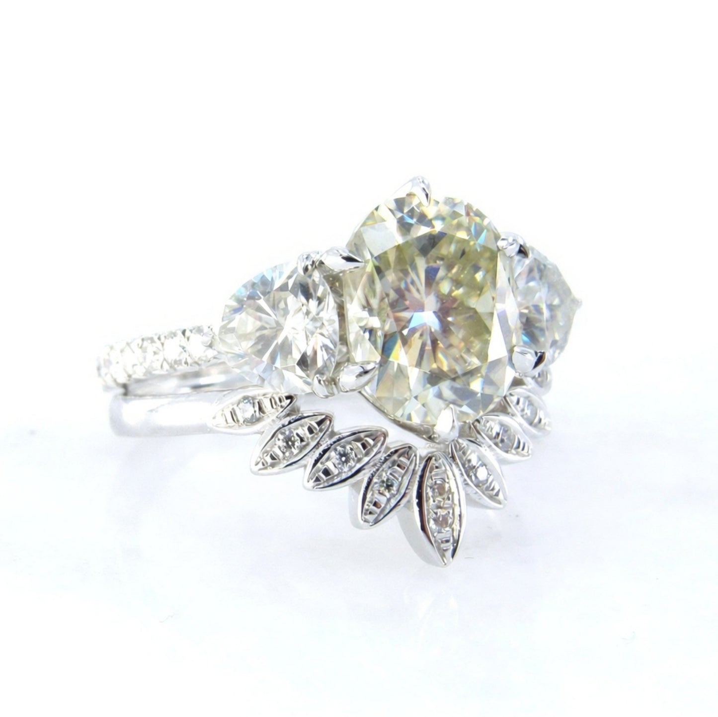 Yellow White Moissanite engagement ring set Cushion moissanite white gold ring curved matching band trillion moissanite ring bridal set