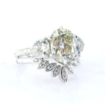 Yellow White Moissanite engagement ring set Cushion moissanite white gold ring curved matching band trillion moissanite ring bridal set