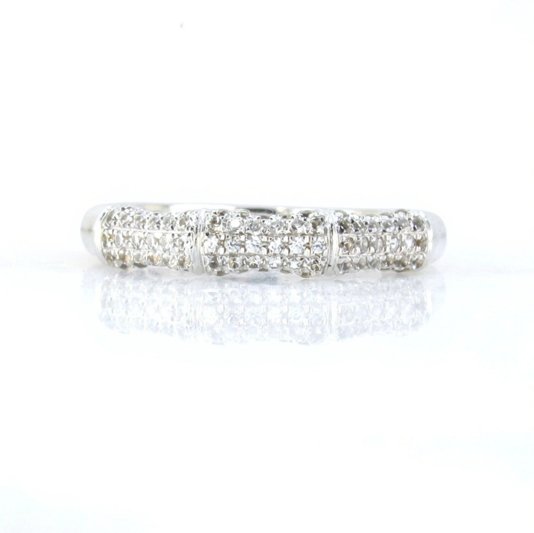 White Sapphire Bamboo Wedding Band Nature Ring Notched Half Eternity Pave White Gold ring unique matching bridal anniversary ring-Ready