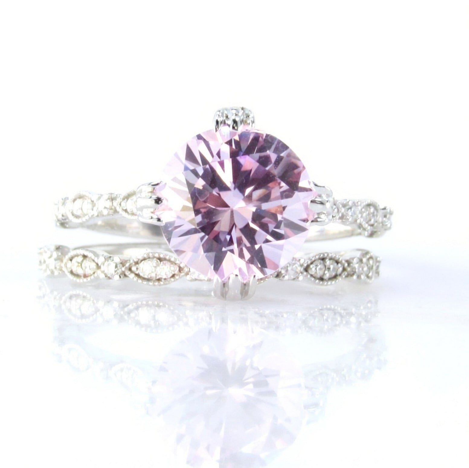 Light Pink Sapphire Milgrain Leaf 3/4 Eternity Round Bezel Leaf Engagement Ring set, Wedding Band, 2ct 8mm Anniversary Gift-Ready to Ship Wan Love Designs