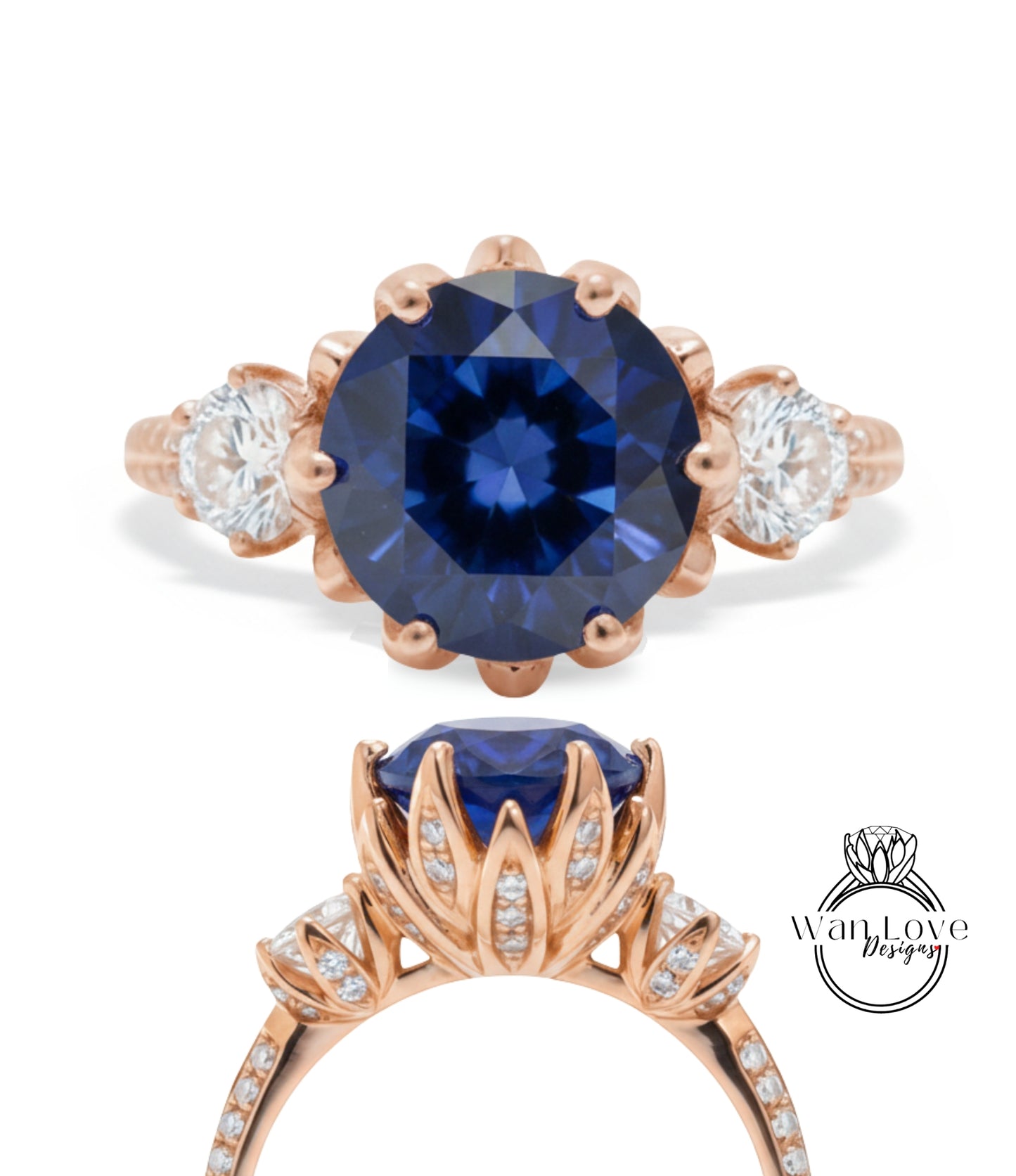 a beautiful blue gemstone ring with a large central blue gemstone surrounded by smaller diamonds. The ring is designed with a delicate floral pattern and has a rose gold band.
