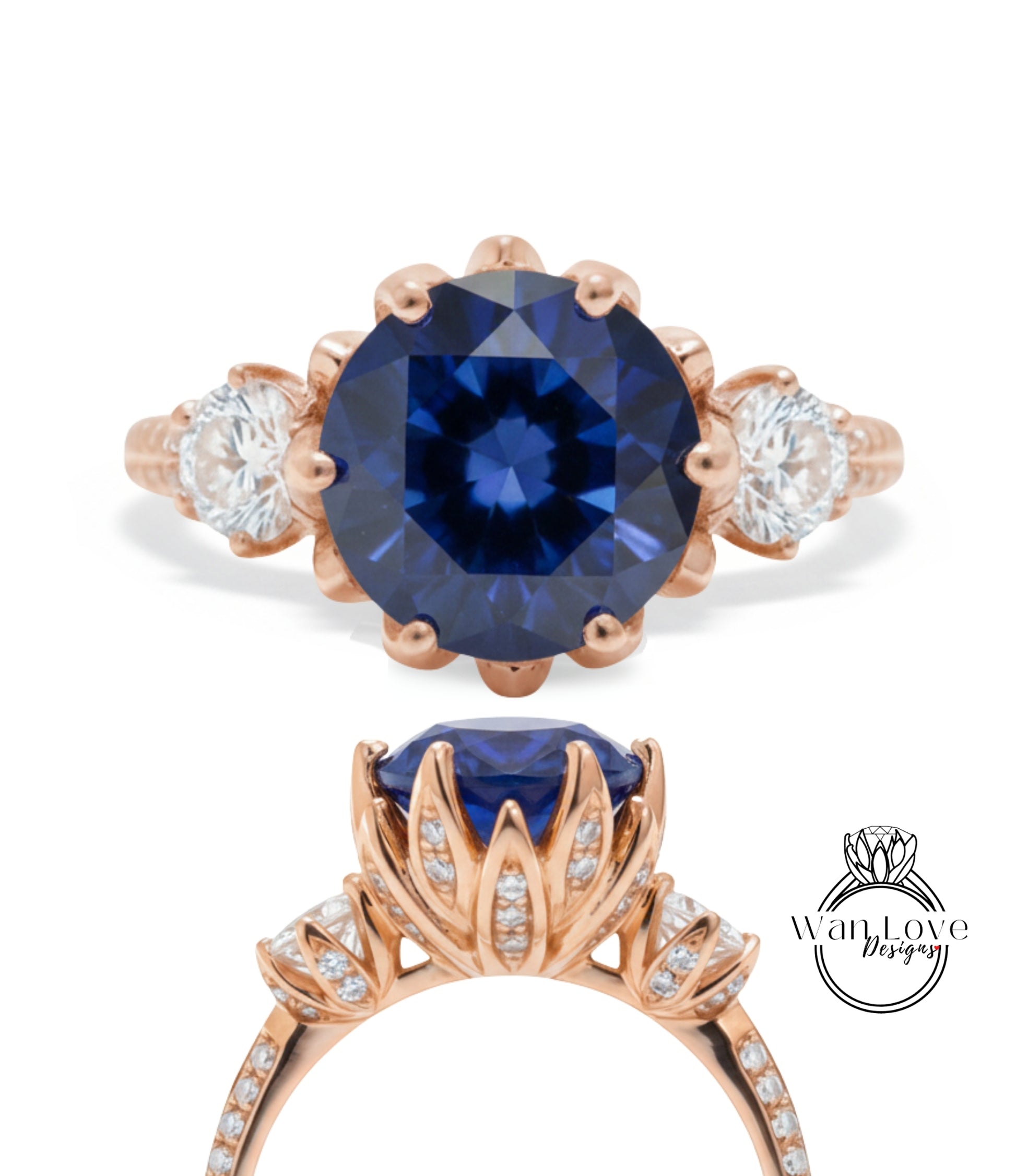 a beautiful blue gemstone ring with a large central blue gemstone surrounded by smaller diamonds. The ring is designed with a delicate floral pattern and has a rose gold band.