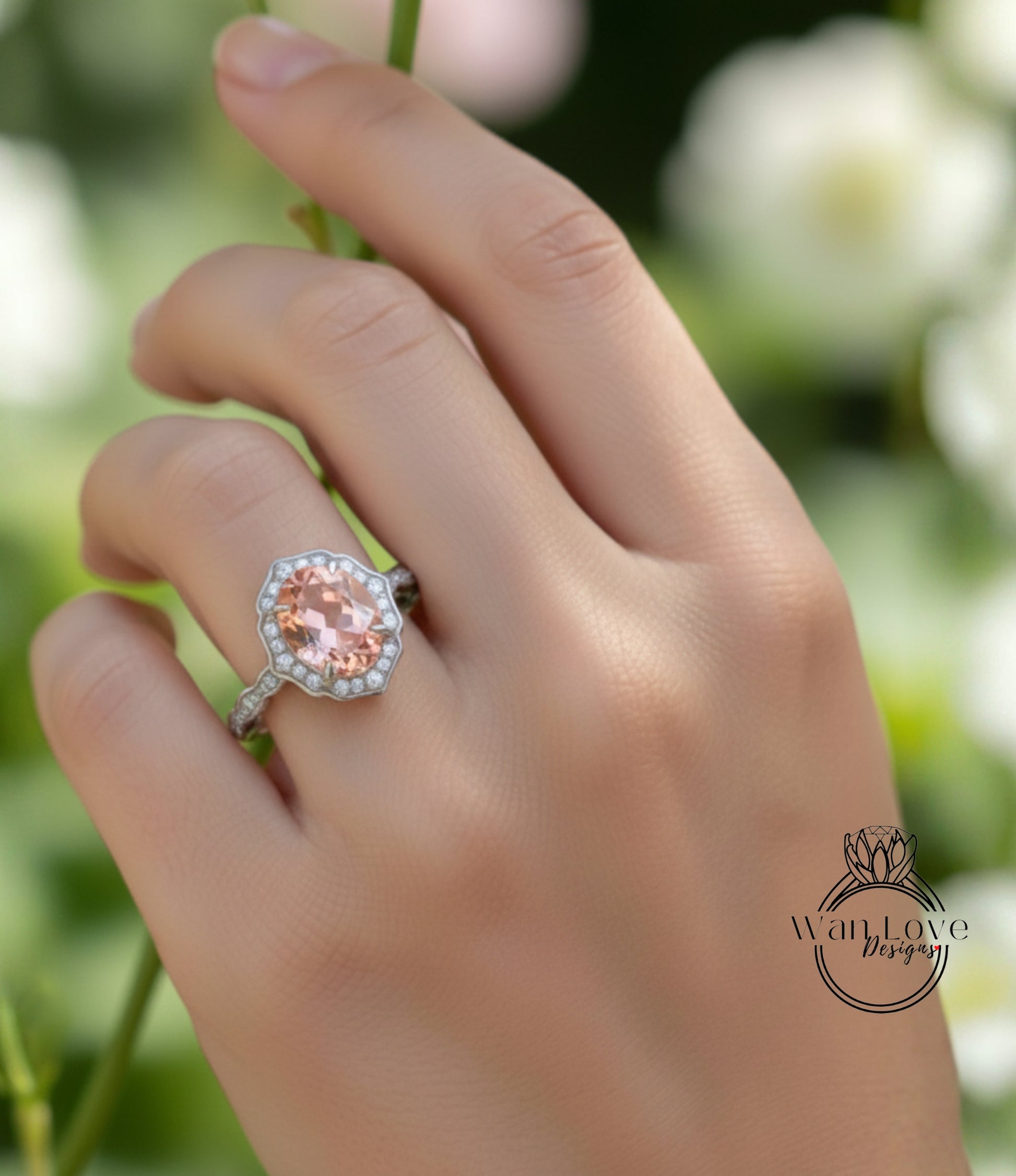 A close-up of a hand wearing a ring with a large, oval-shaped gemstone.