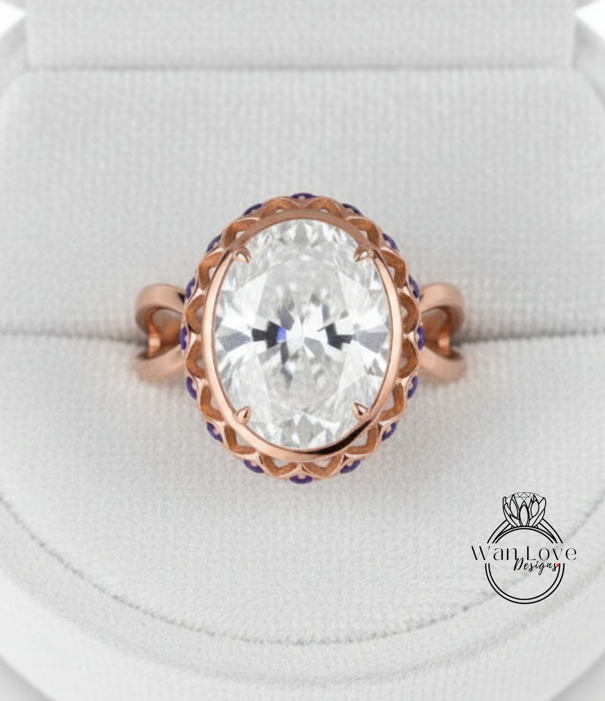 A large, round, clear gemstone ring with a rose gold band and a decorative pattern around the center.