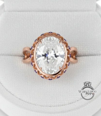 A large, round, clear gemstone ring with a rose gold band and a decorative pattern around the center.