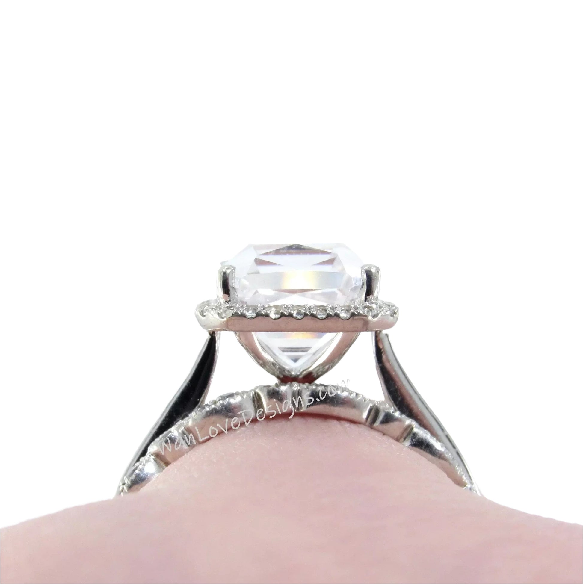 White Sapphire Emerald Halo Engagement Ring Dainty emerald cut halo vintage ring Milgrain Leaf Wedding Band Set 4ct bridal ring set-Ready
