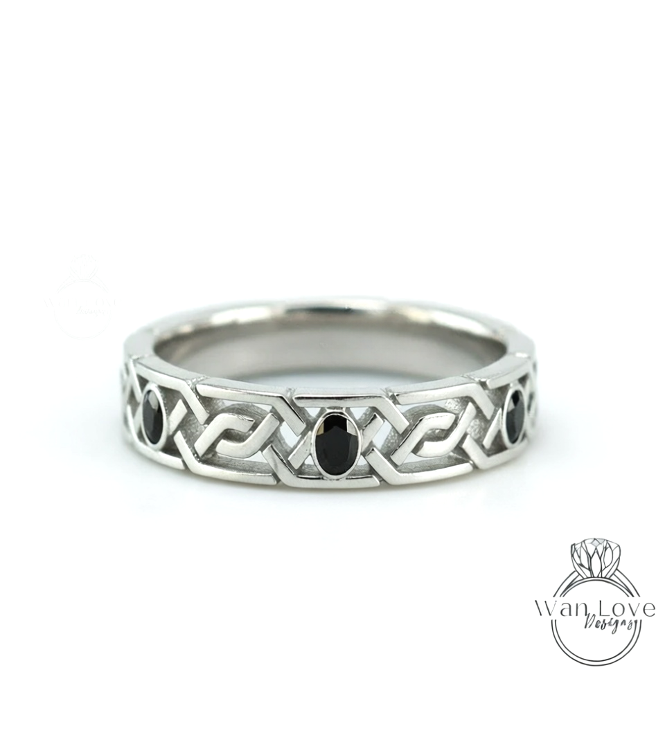 Celtic Knot Diamond Mens Wedding Band, Celtic Pattern Band, 14k White Gold Braided Ring, Mens Promise Band, Mans Birthstone Commitment Band